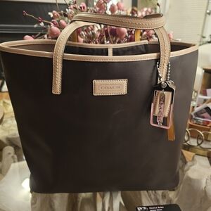 COACH Brown & Tan Tote Bag with Leather Trim